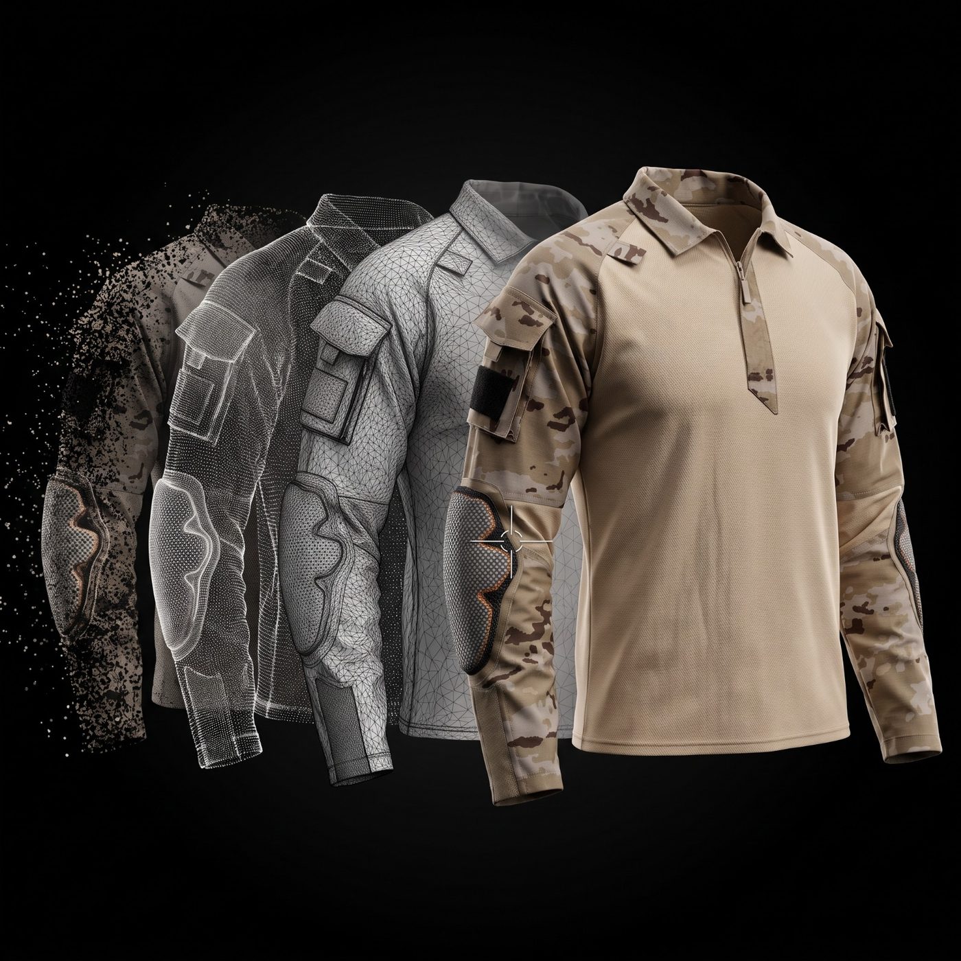 MSQ-9 construction layers from 3D pattern to finished garment, with reinforced elbow pads highlighted