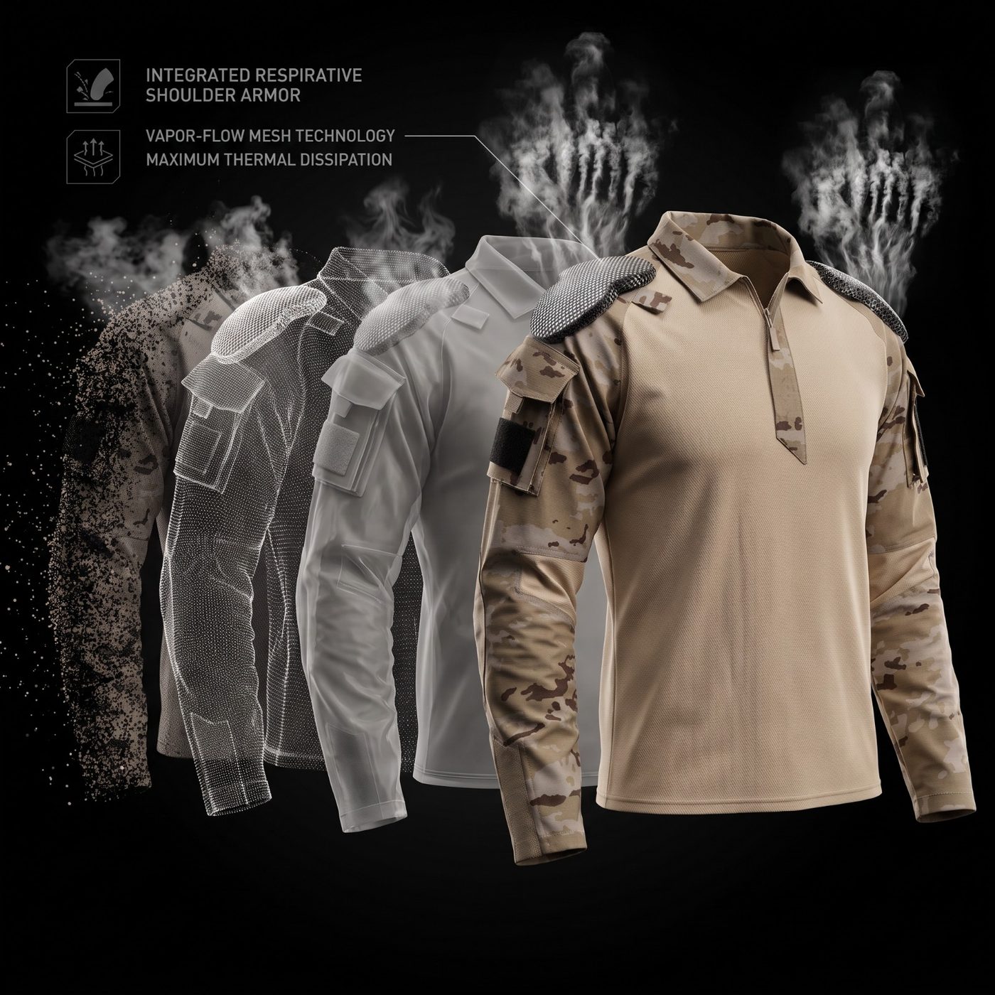 MSQ-9 integrated respirative shoulder armor with vapor-flow mesh dissipating heat