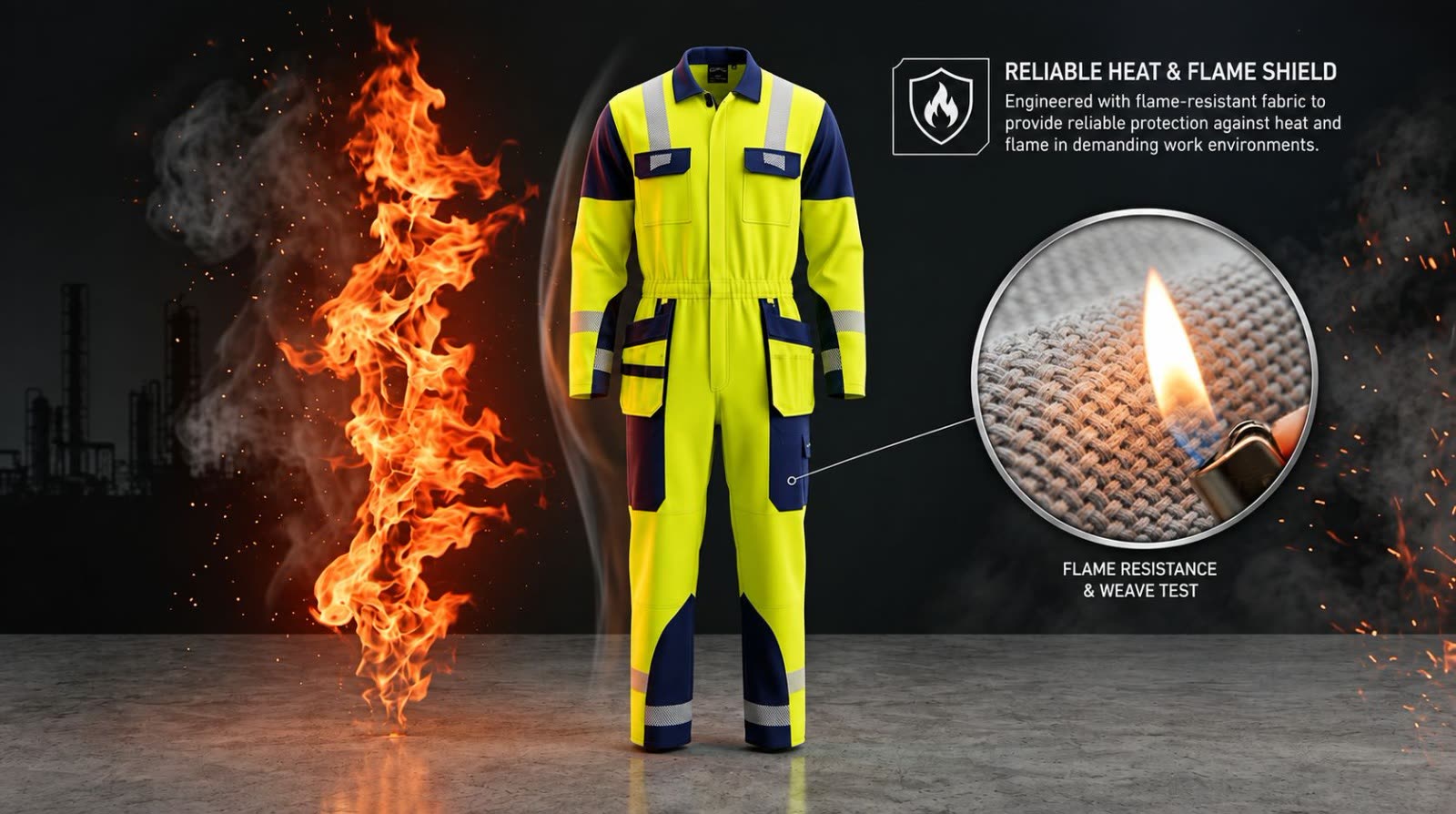 OCQ-1 coverall under direct flame during a flame resistance and weave test