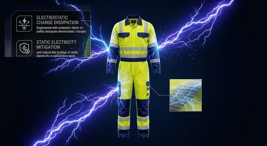 OCQ-1 coverall with electrostatic discharge dissipating across the fabric