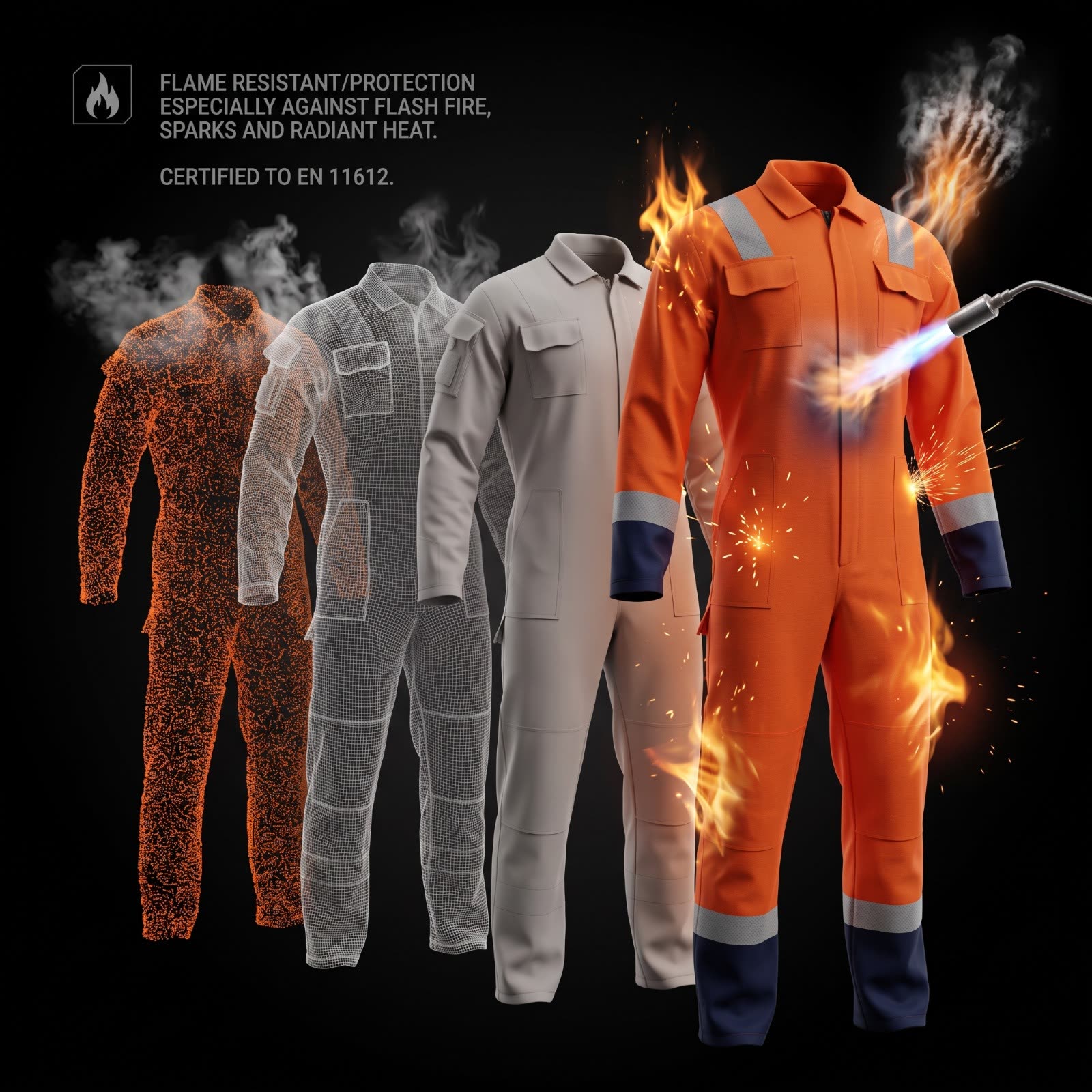 OCQ-2 coverall tested against a direct flame torch, showing flame-resistant layers