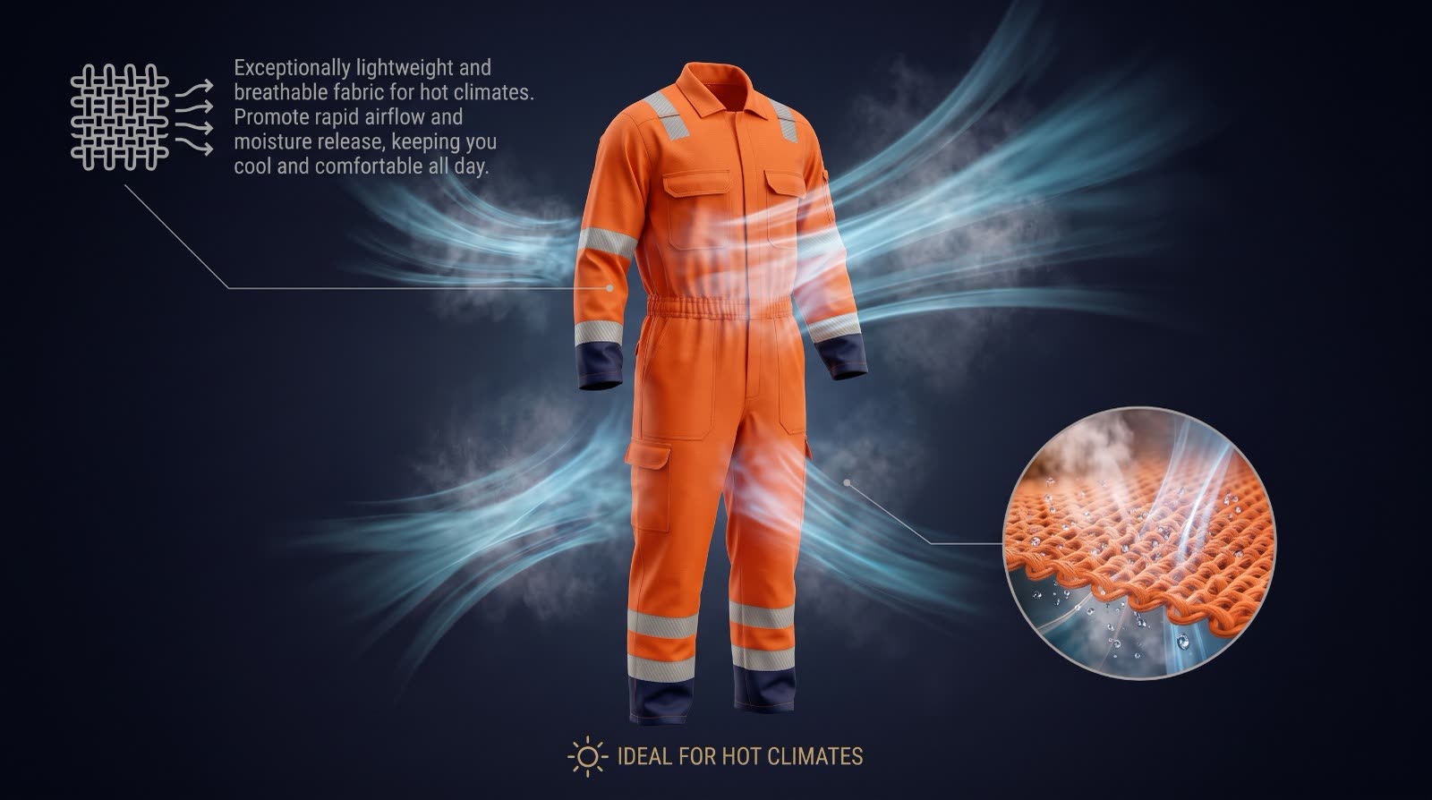 OCQ-2 coverall with airflow illustration and macro detail of the breathable cotton twill