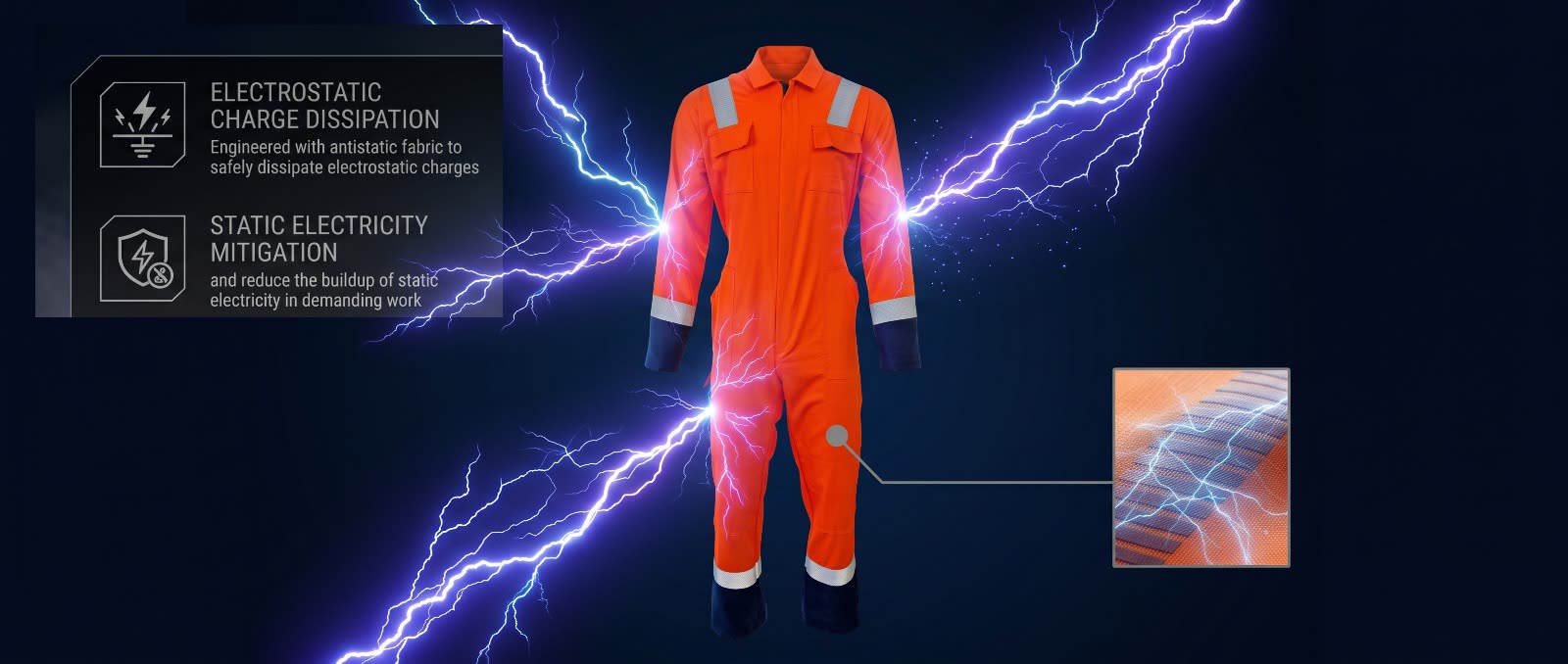 OCQ-2 coverall with electrostatic discharge dissipating across the fabric