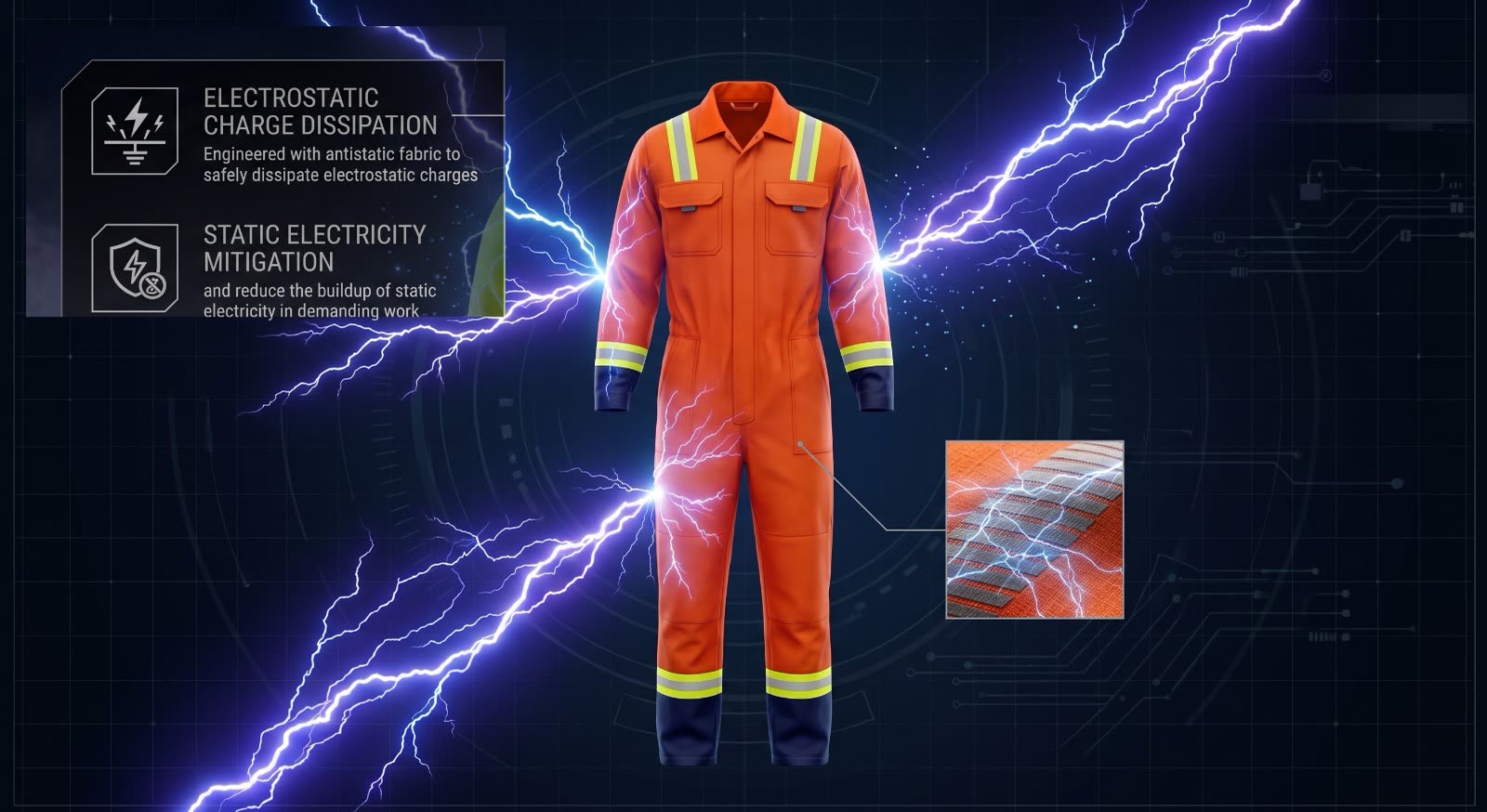 OCQ-3 coverall with electrostatic discharge dissipating across the fabric