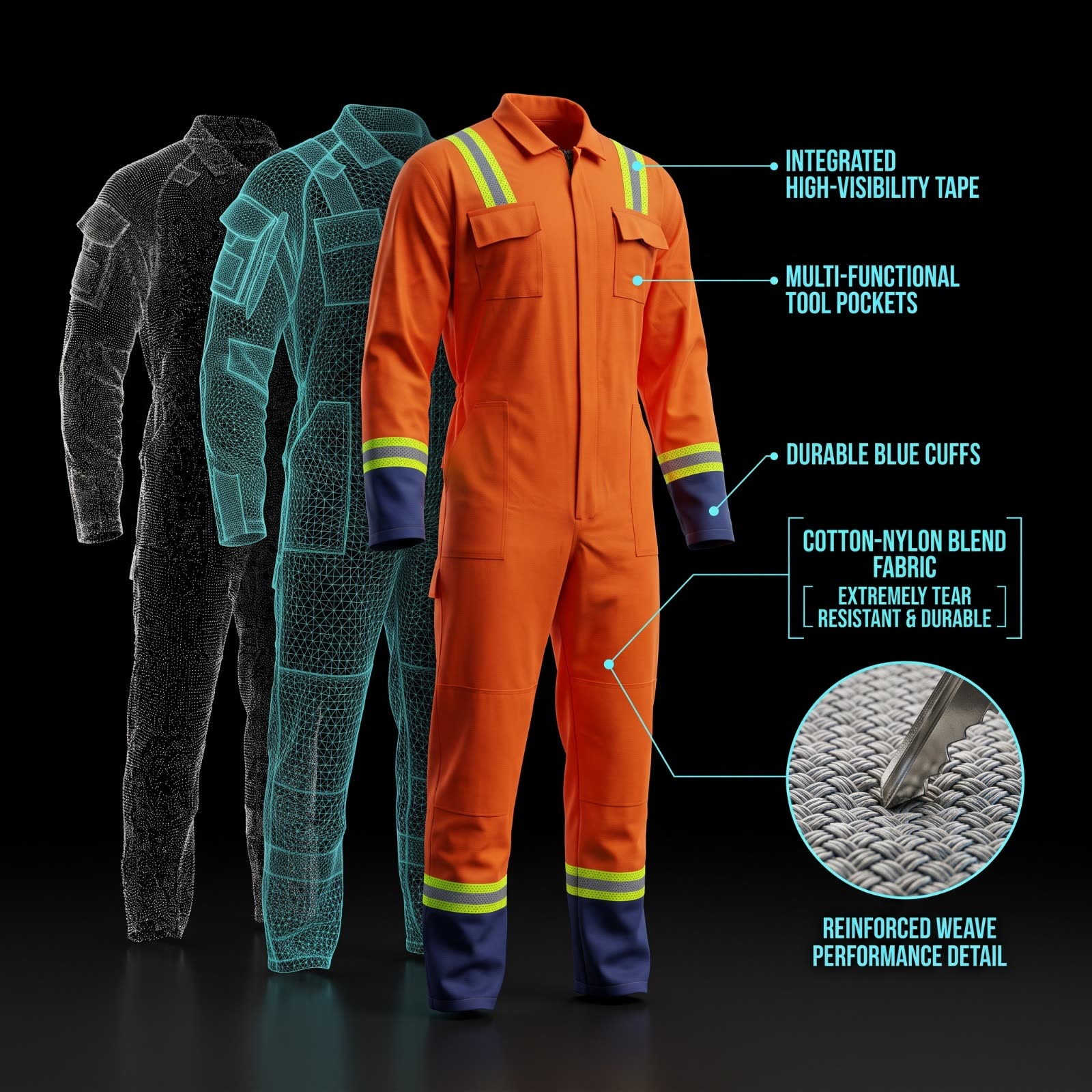 OCQ-3 coverall construction breakdown showing high-visibility tape, tool pockets, blue cuffs and reinforced weave