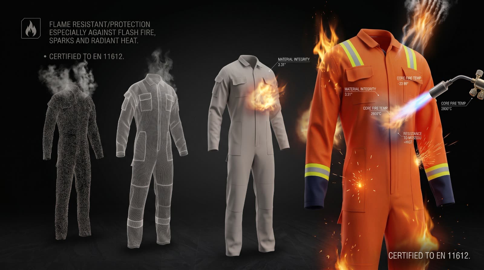 OCQ-3 coverall under flame test showing its flame-resistant construction layers