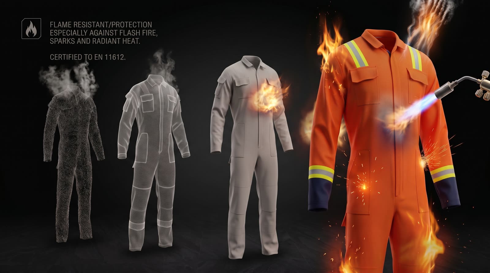 OCQ-4 coverall under a direct flame during a flame-resistance test