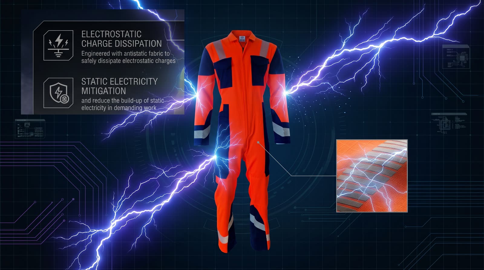 Electrostatic charge dissipating across the OCQ-4 fabric structure
