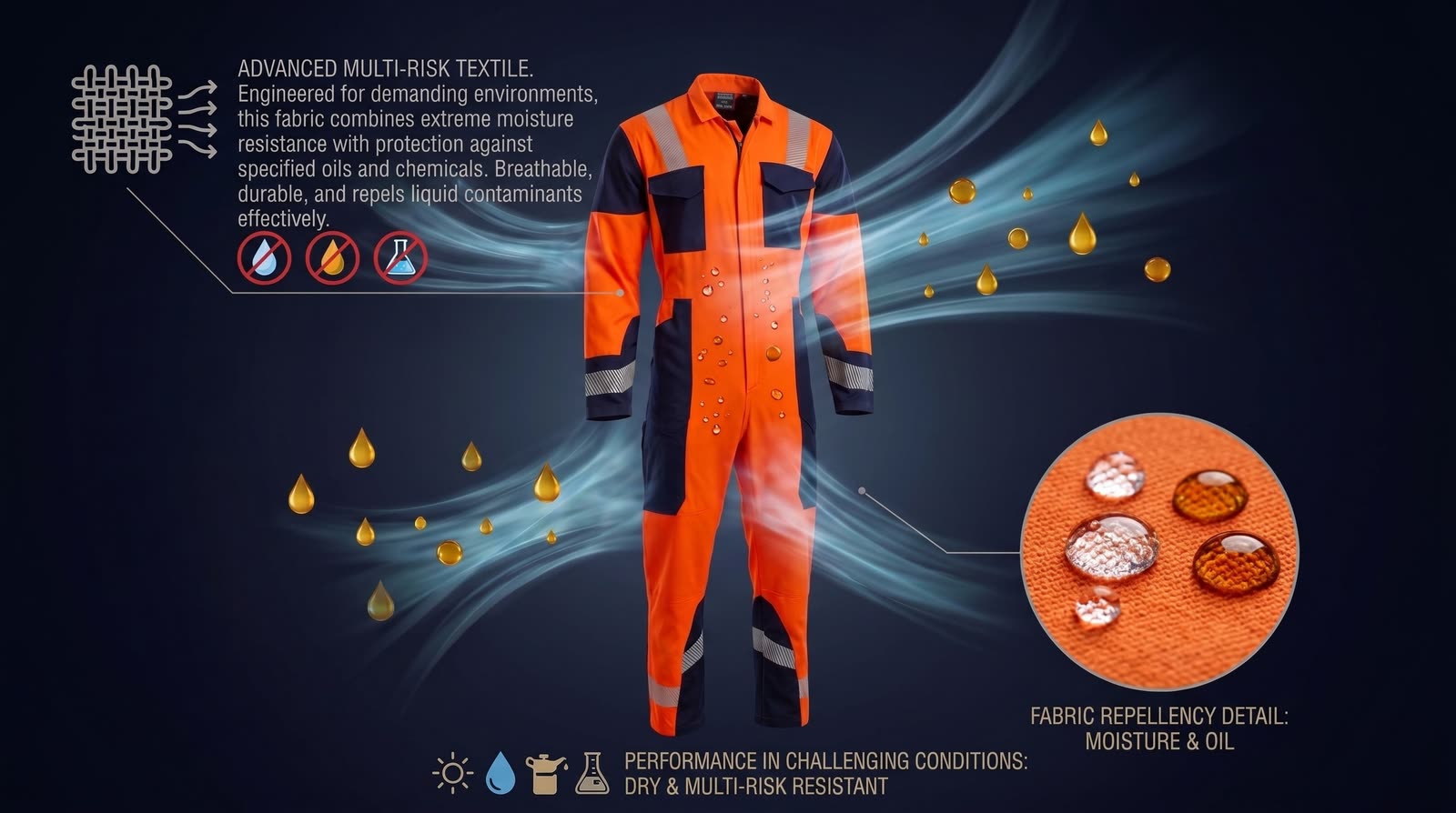 Oil and water droplets beading off the OCQ-4 multi-risk fabric finish