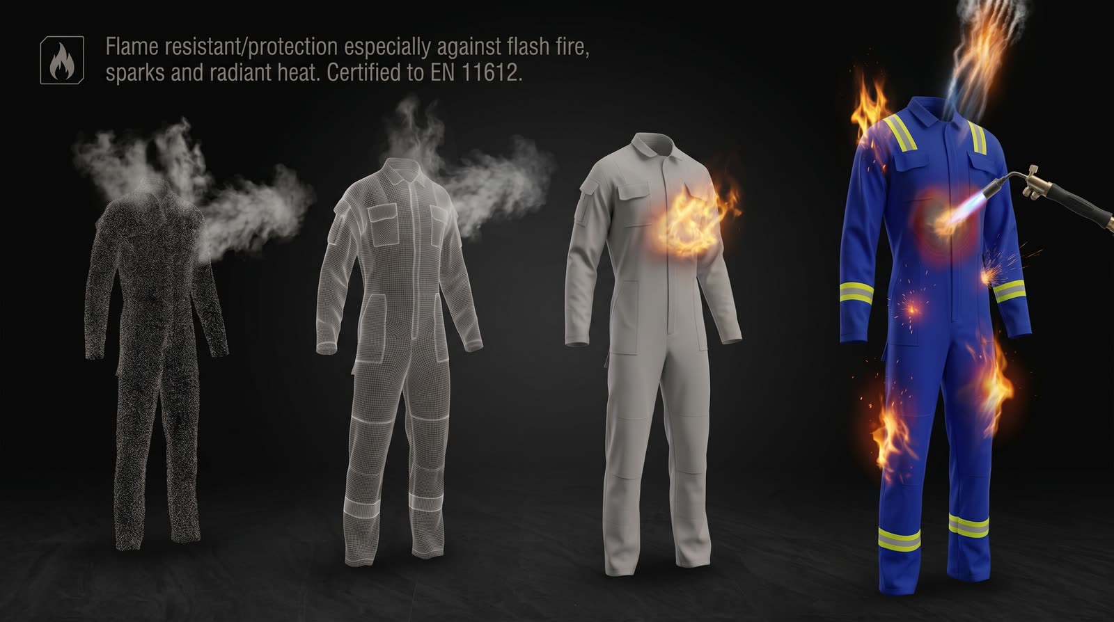 OCQ-5 coverall under a direct flame during a flame-resistance test