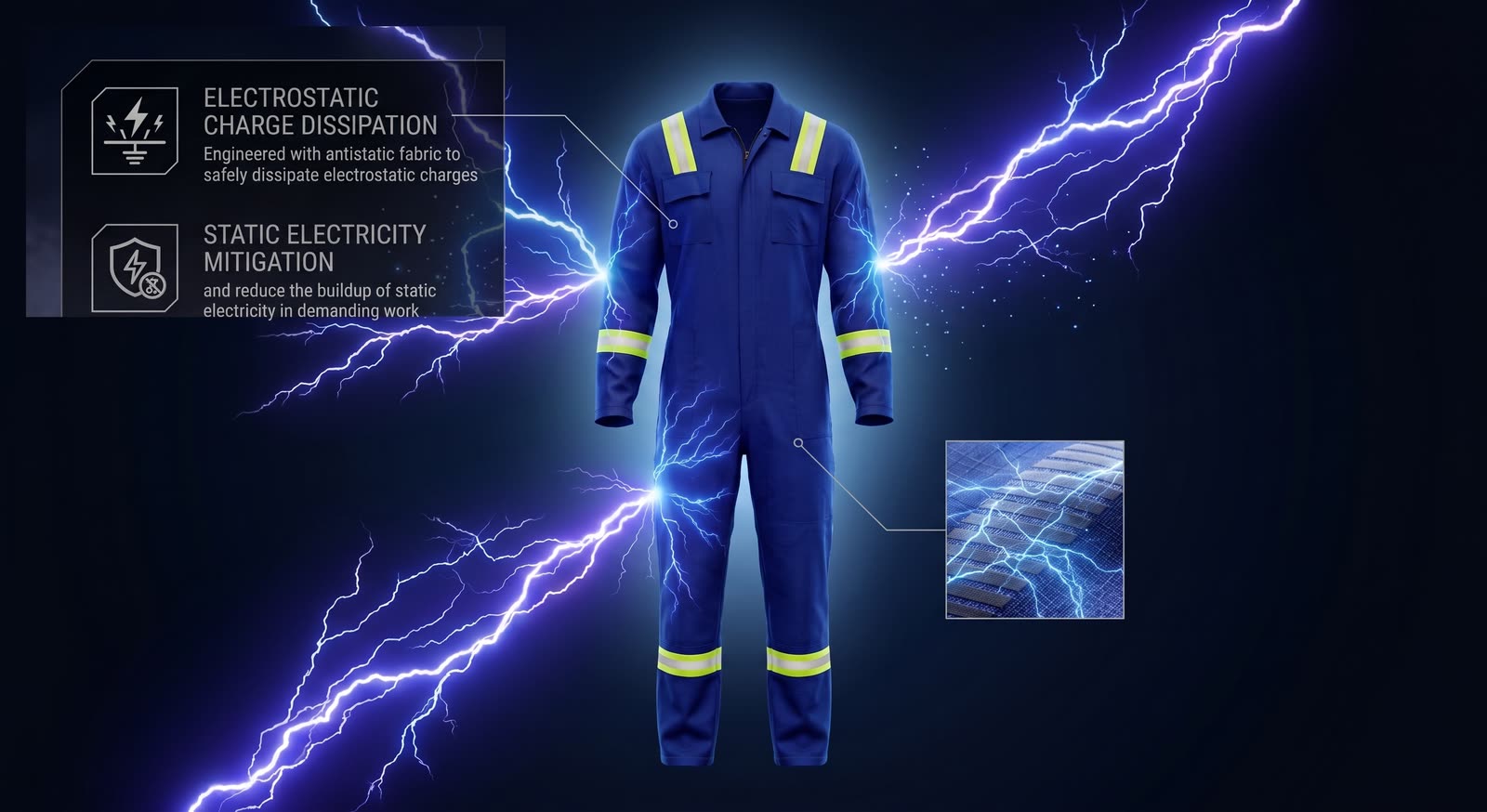 Electrostatic charge dissipating across the OCQ-5 fabric structure