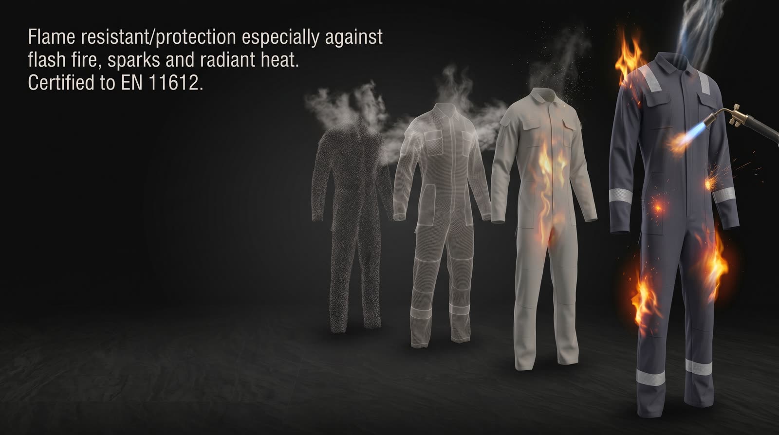 OCQ-6 coverall under a direct flame during a flame-resistance test