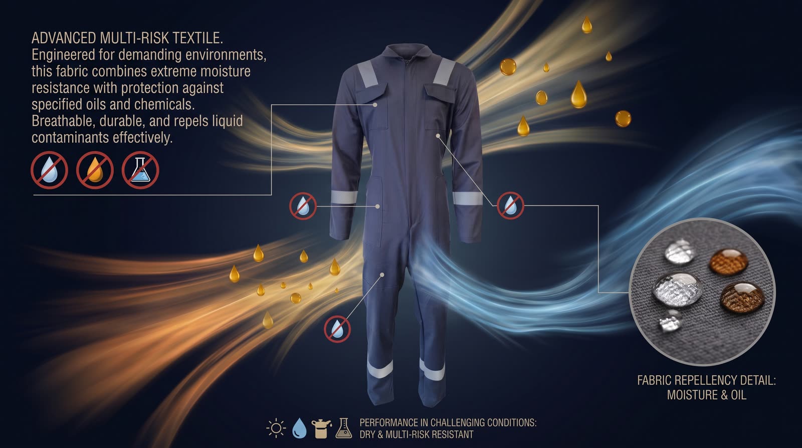 Oil and water droplets beading off the OCQ-6 multi-risk fabric treatment