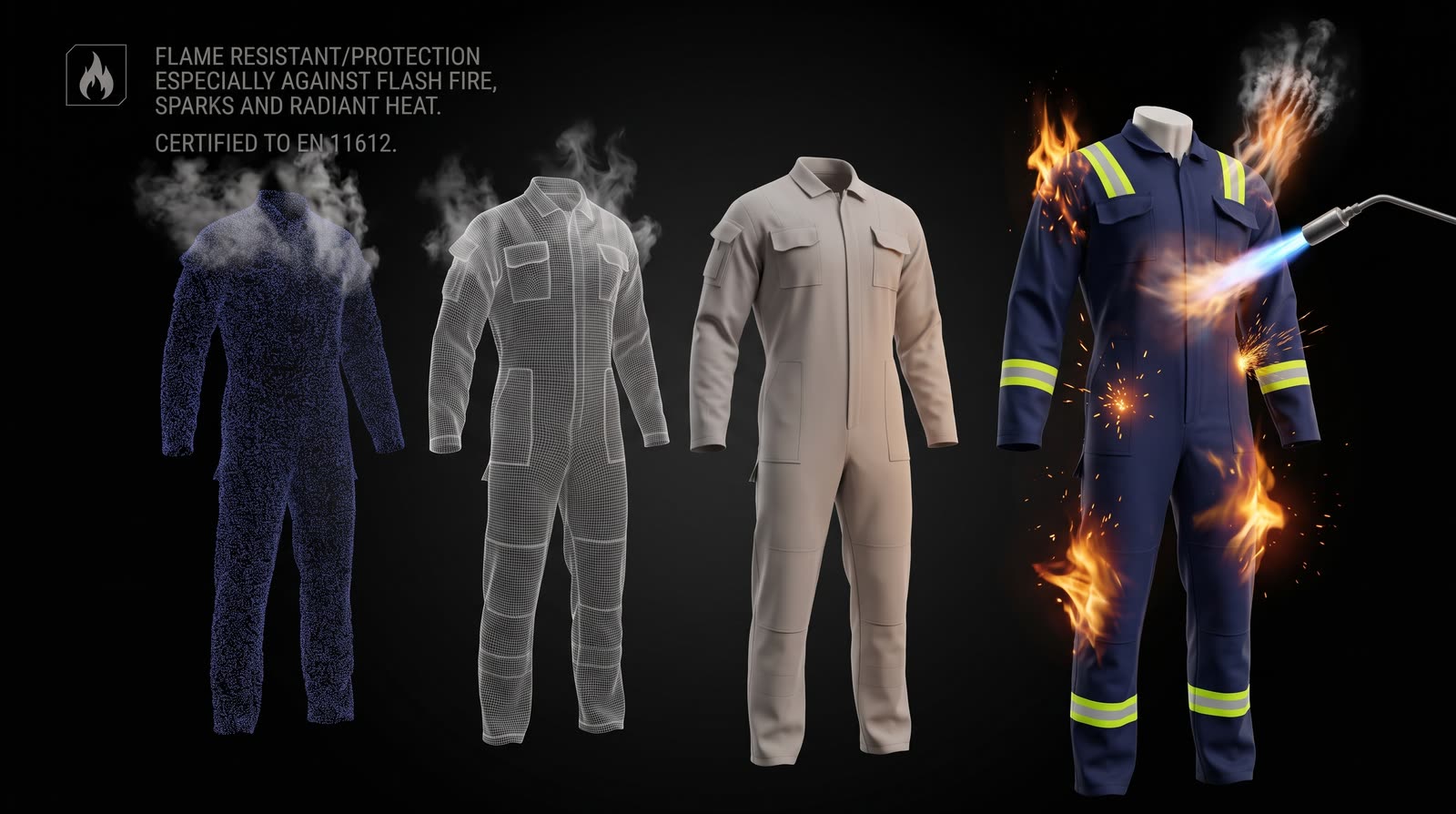 OCQ-7 coverall under a direct flame during a flame-resistance test