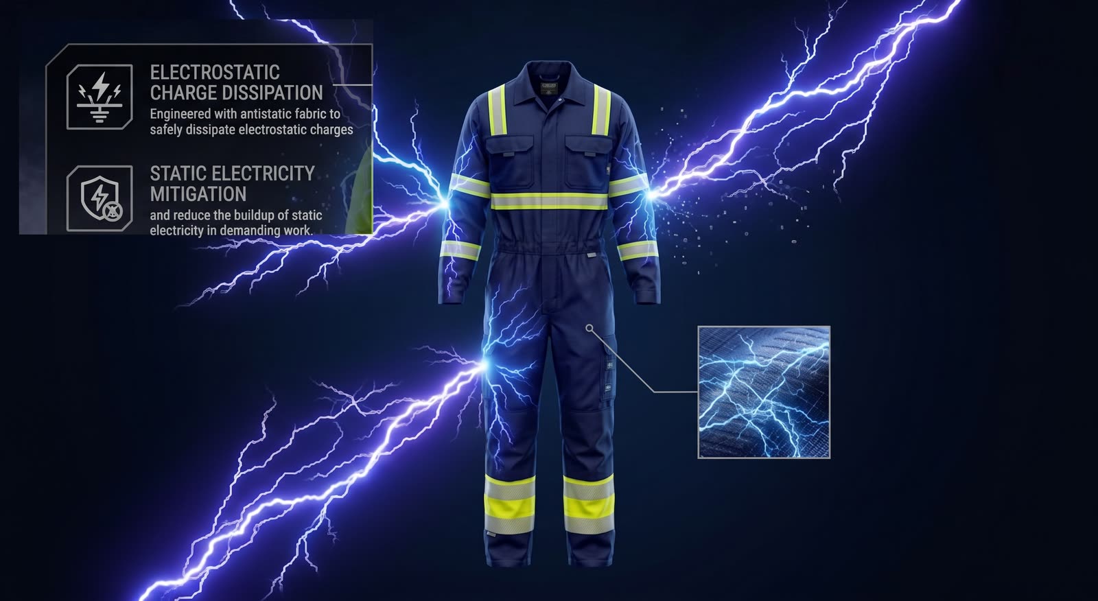 Electrostatic charge dissipating across the OCQ-7 fabric structure