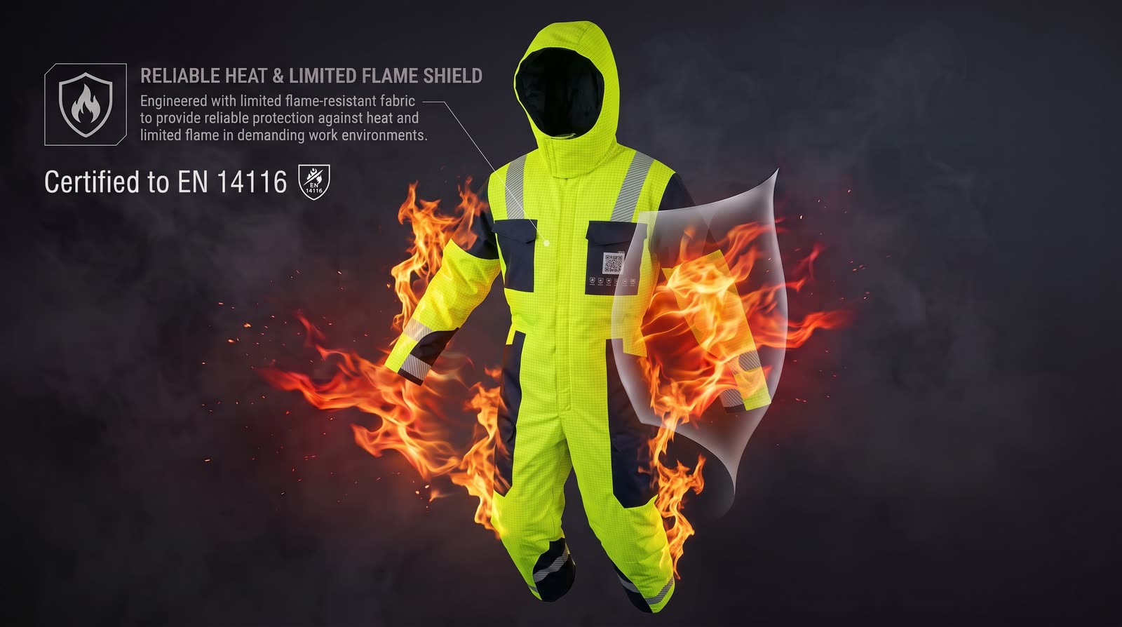 OCQ-8 winter coverall shielded from flame during a flame-resistance test