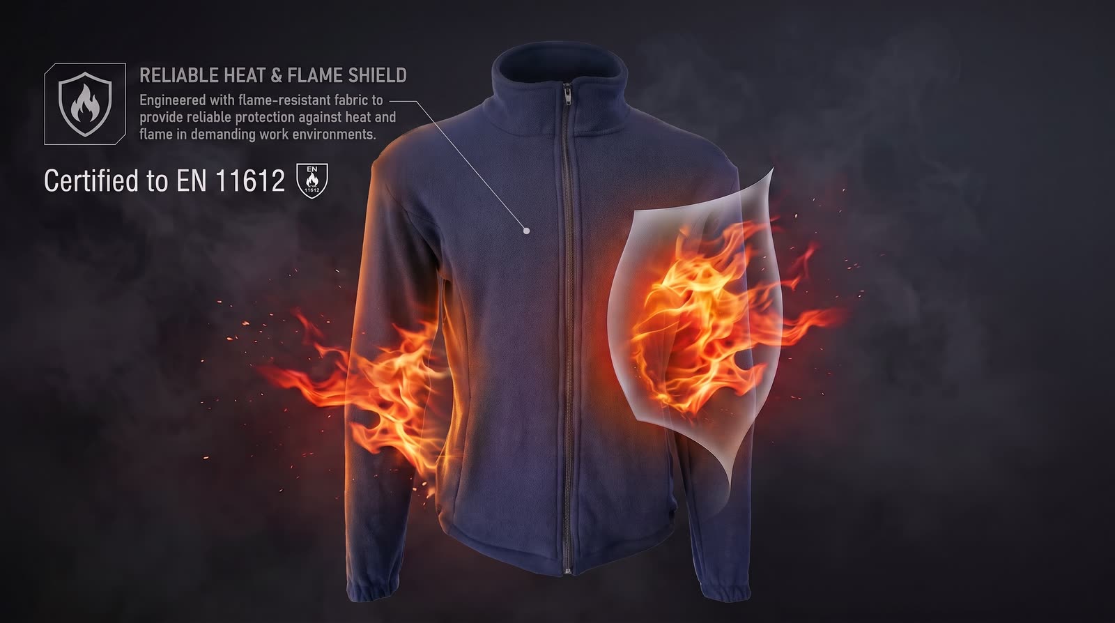 OFQ-9 fleece jacket shielded from flame during a flame-resistance test