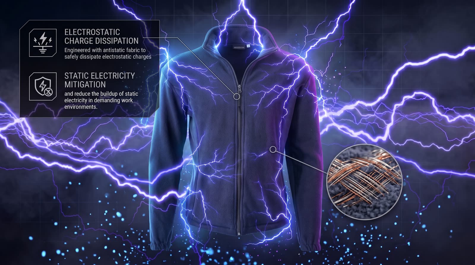 Electrostatic charge dissipating across the OFQ-9 knitted fleece