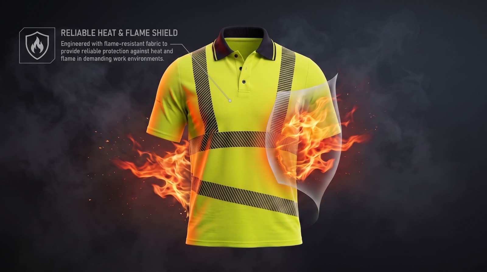 OLSQ-9 shirt under flame, illustrating its inherent flame-resistant knitted fabric