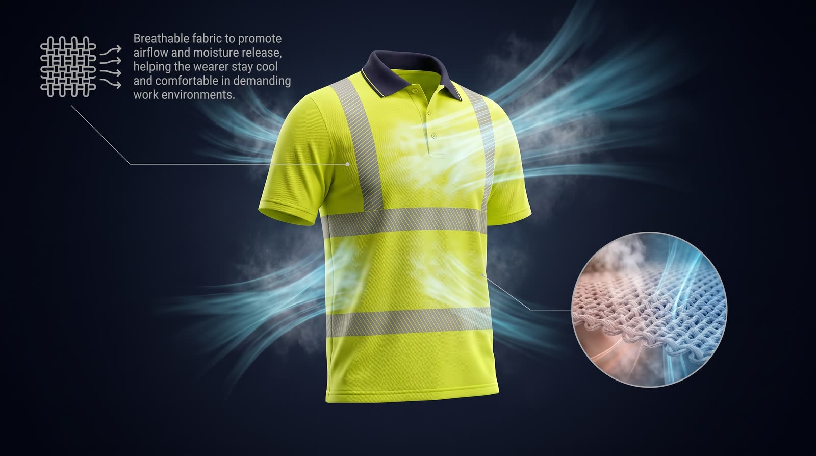 OTSQ-9 T-shirt with airflow illustration and macro detail of the three-dimensional piqué knit