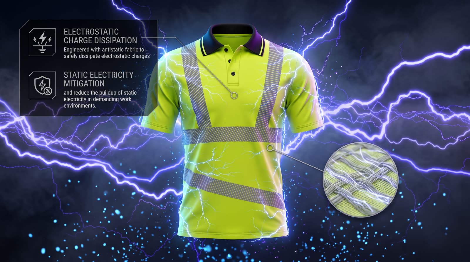 OTSQ-9 T-shirt with electrostatic discharge dissipating across the knitted fabric
